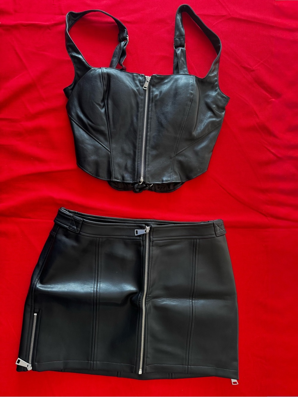 Black Faux Leather Crop Bustier and Mini Skirt Set Size Large NWT